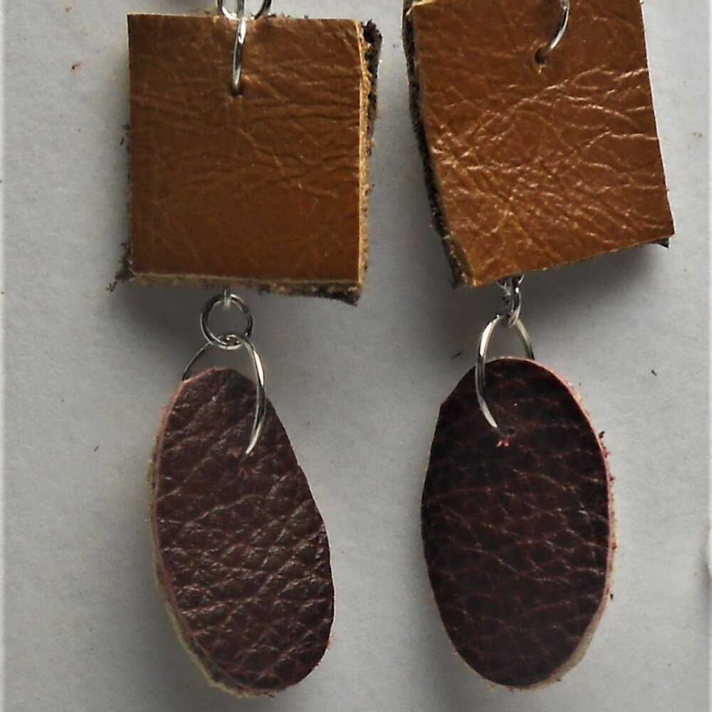 No.1139 Handmade earrings with leather pieces 2 1/2 inches long